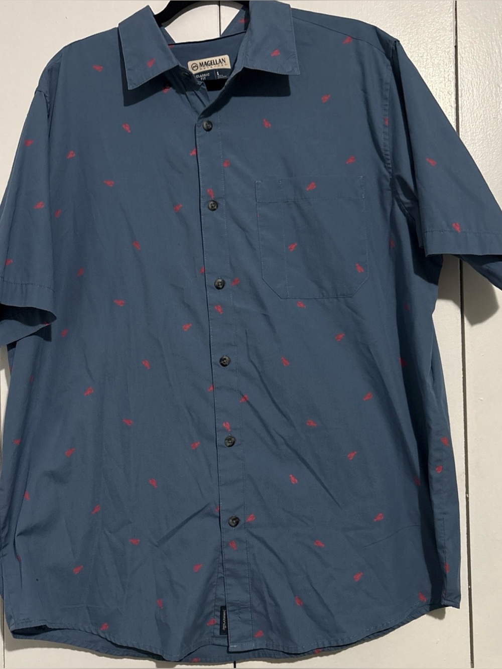 Magellan Shirt Mens ShortSleeve Classic Fit Blue Button Up Lobster Print Large